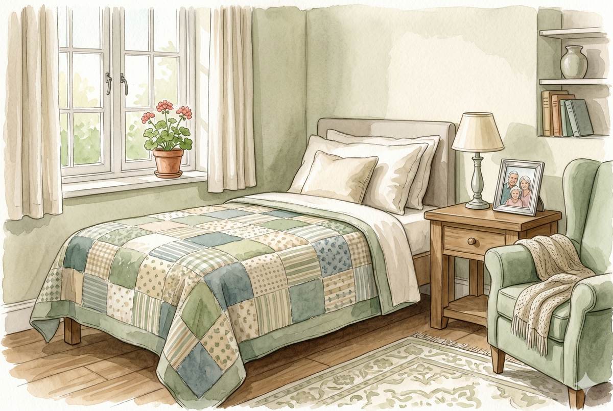 Watercolor illustration of a cozy bedroom in a care home with a framed family photo on the nightstand, a familiar quilt on the bed, and a small potted plant by the window