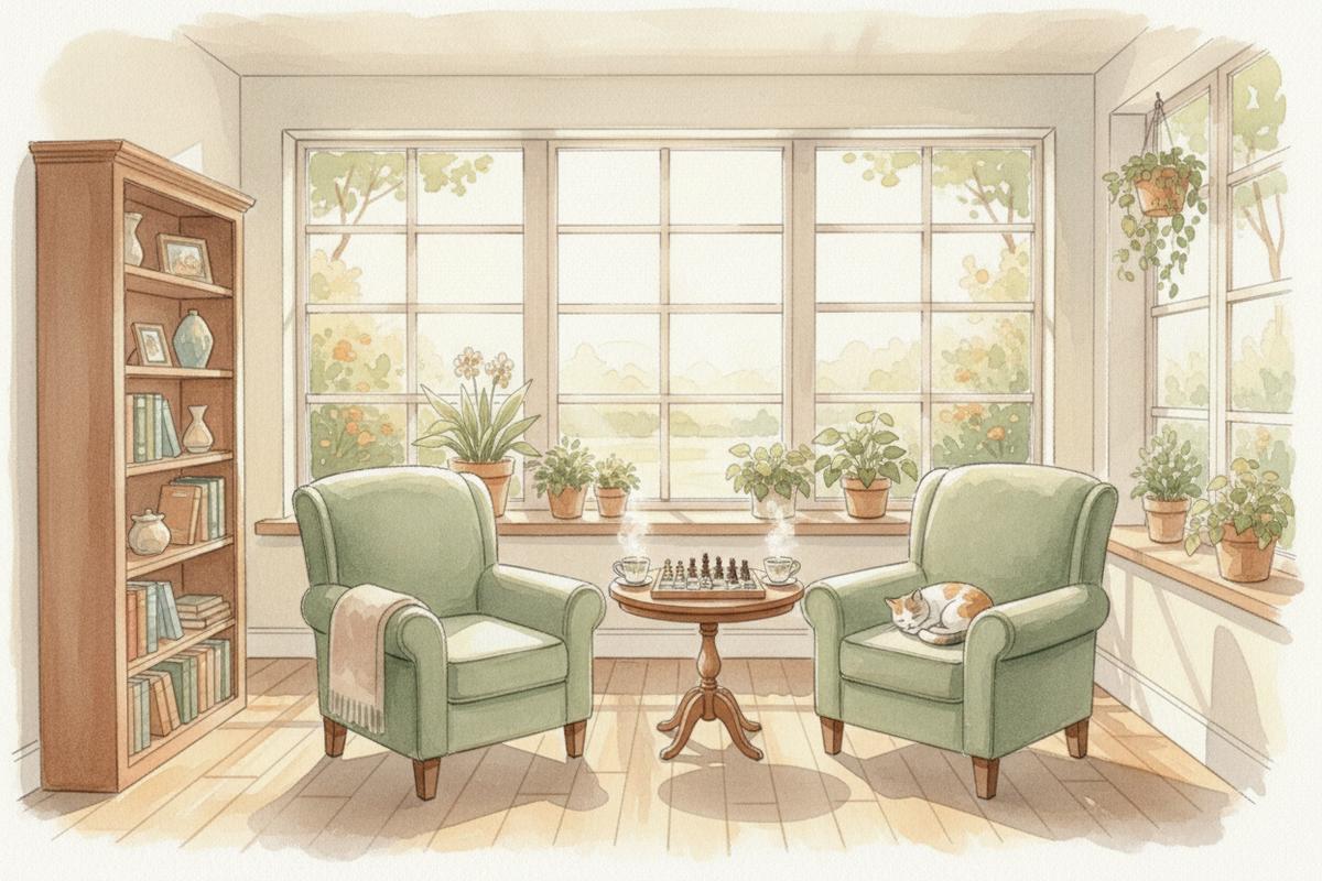 Watercolor illustration of a cozy sunroom with two green armchairs, a chess set on a small table, a bookshelf, potted plants, and a cat napping in a chair