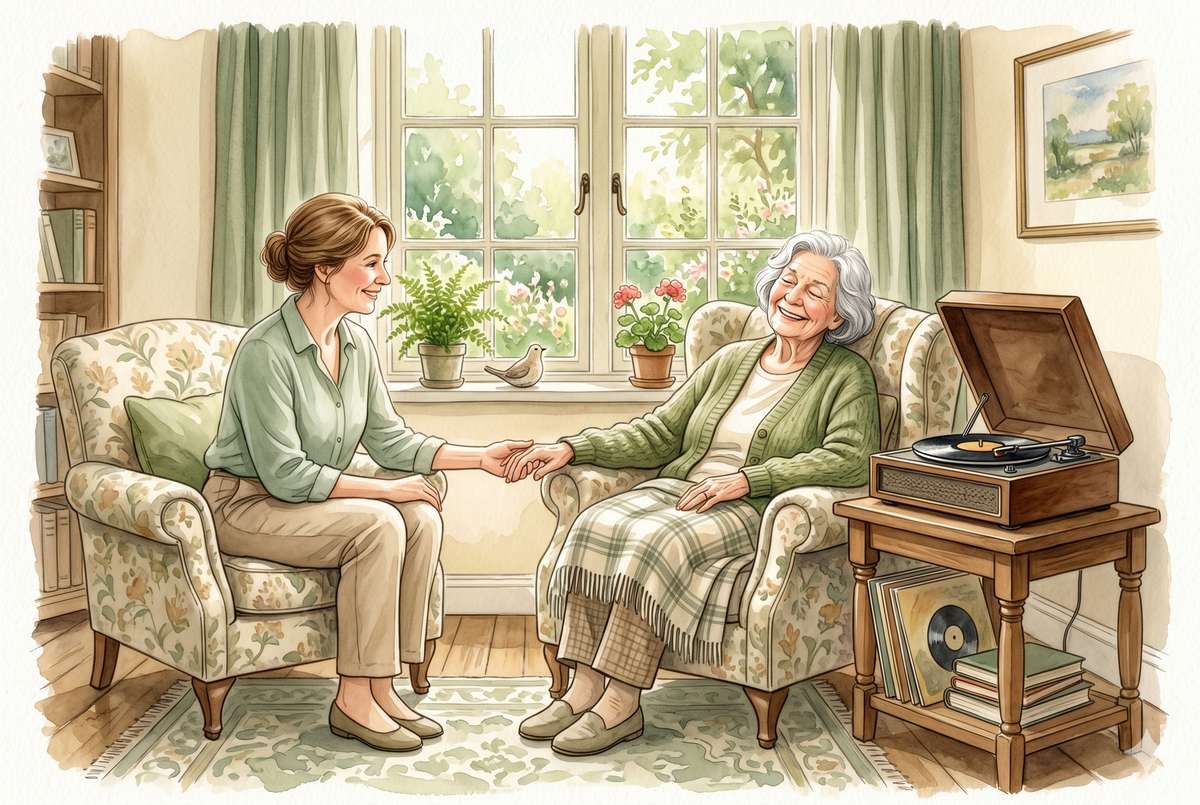 Watercolor illustration of an older woman and a caregiver listening to music together, the woman smiling with eyes closed, a record player nearby in a sunlit room