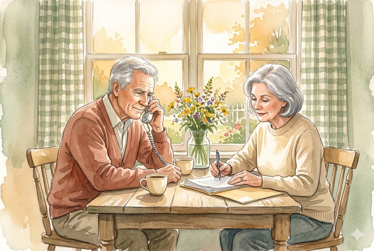 Watercolor illustration of an older couple at a sunny kitchen table, a phone and a folder of papers between them, warm morning light