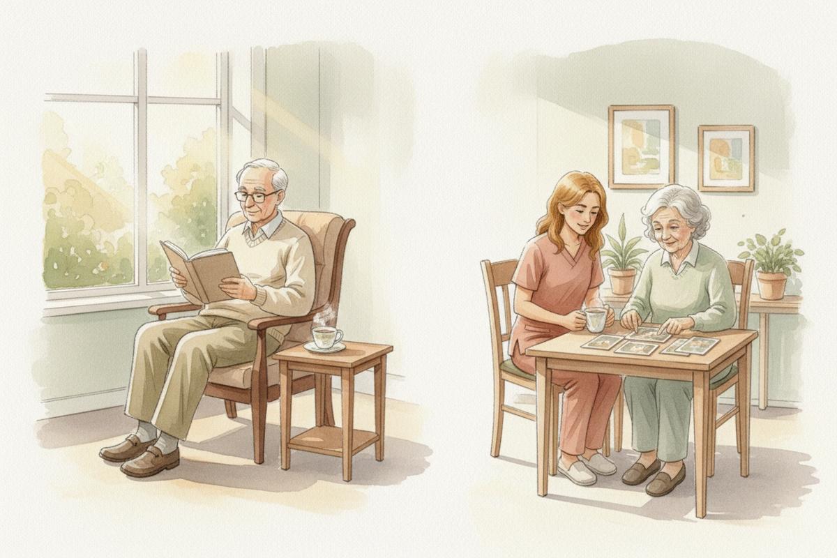 Watercolor split illustration comparing a senior man reading quietly in a chair to a caregiver looking at photos with a senior woman at a table