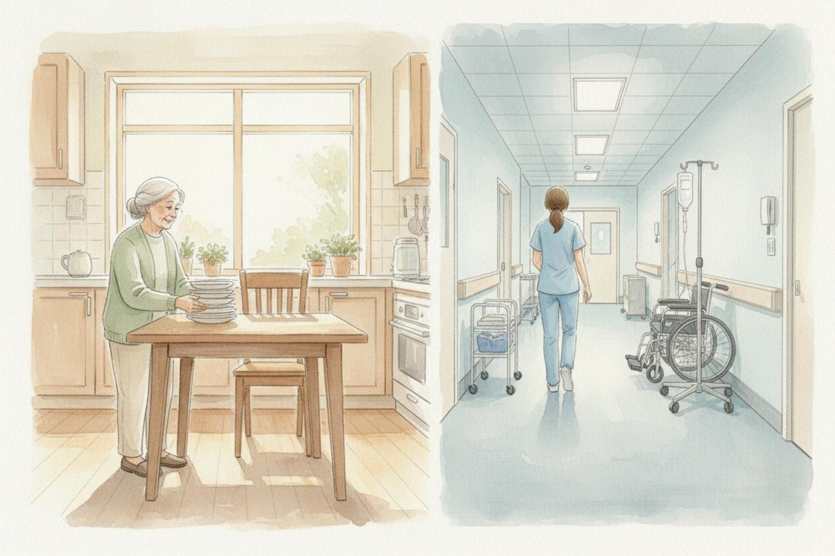 Watercolor split illustration comparing a warm home kitchen with a senior woman to a clinical nursing facility hallway