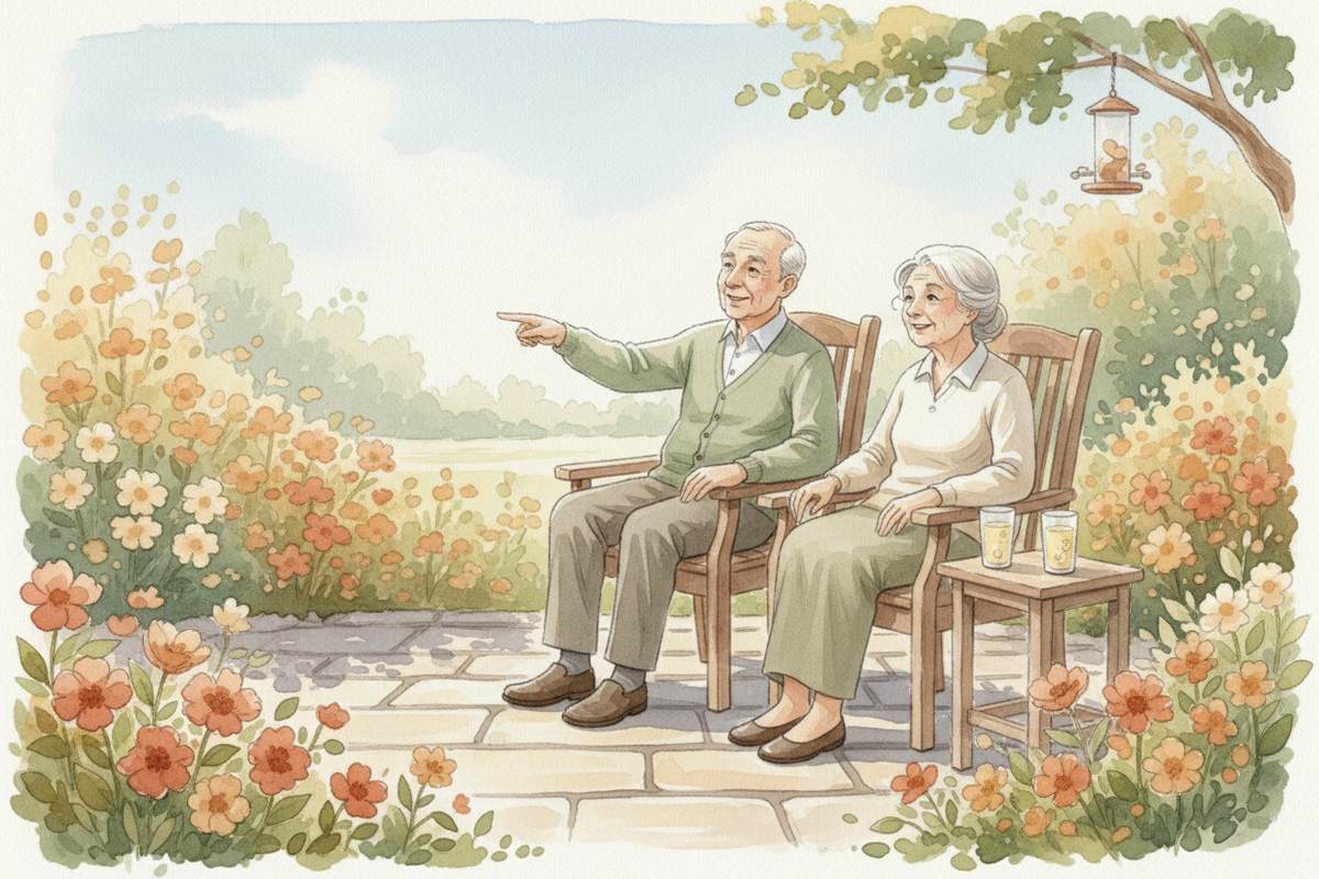 Watercolor illustration of two seniors sitting together in garden chairs surrounded by colorful flowers, pointing at a bird feeder in a tree