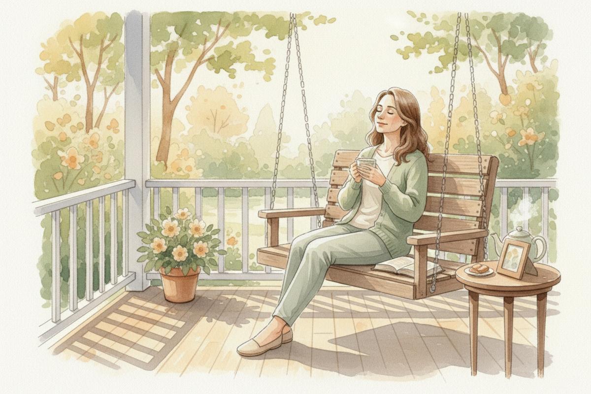 Watercolor illustration of a woman sitting peacefully on a porch swing holding a cup of coffee surrounded by trees and flowers