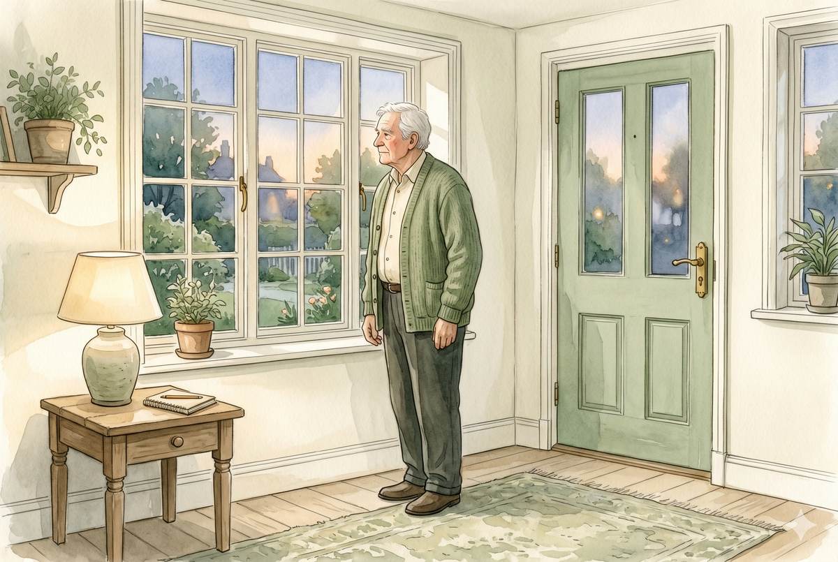 Watercolor illustration of an older man in a cardigan standing at a front door looking out a window, an open notebook on a nearby table, soft evening light