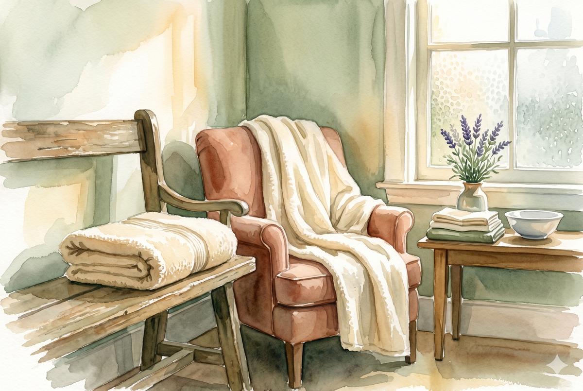 Watercolor illustration of a warm towel folded on a wooden bench beside a soft armchair, soft afternoon light through frosted glass