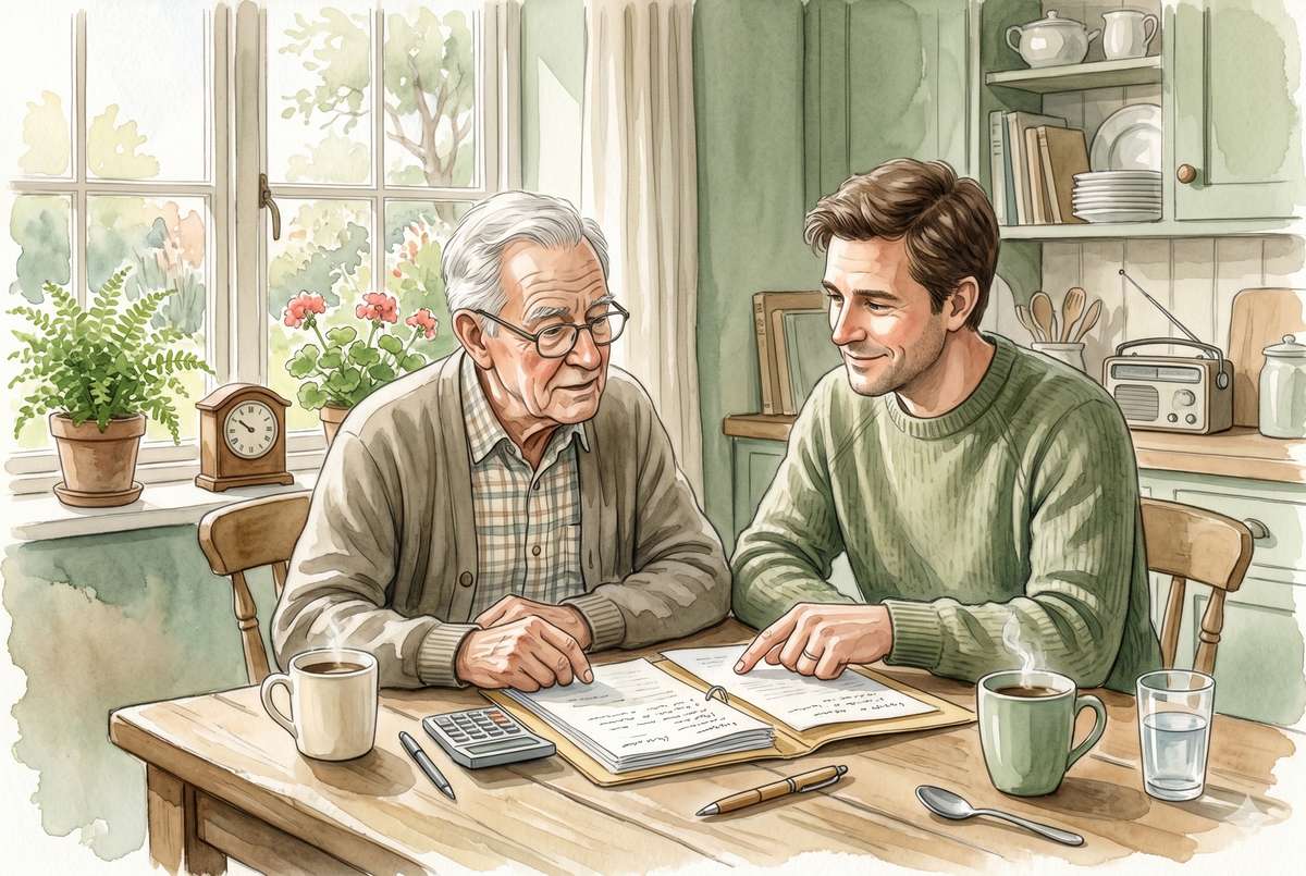 Watercolor illustration of an adult son sitting at a kitchen table with his elderly father, reviewing paperwork and a calculator together in warm afternoon light