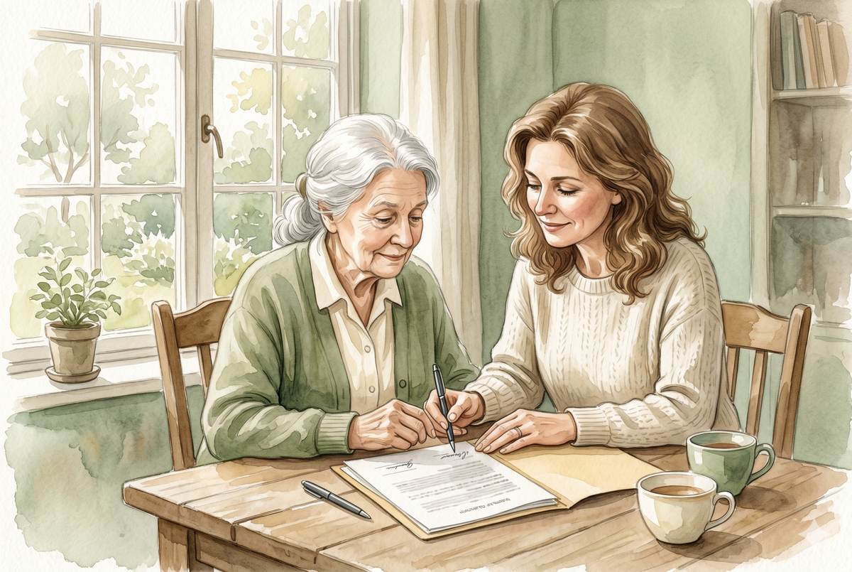 Watercolor illustration of an adult daughter and her elderly mother sitting together signing documents at a table, a pen and folder between them, warm light