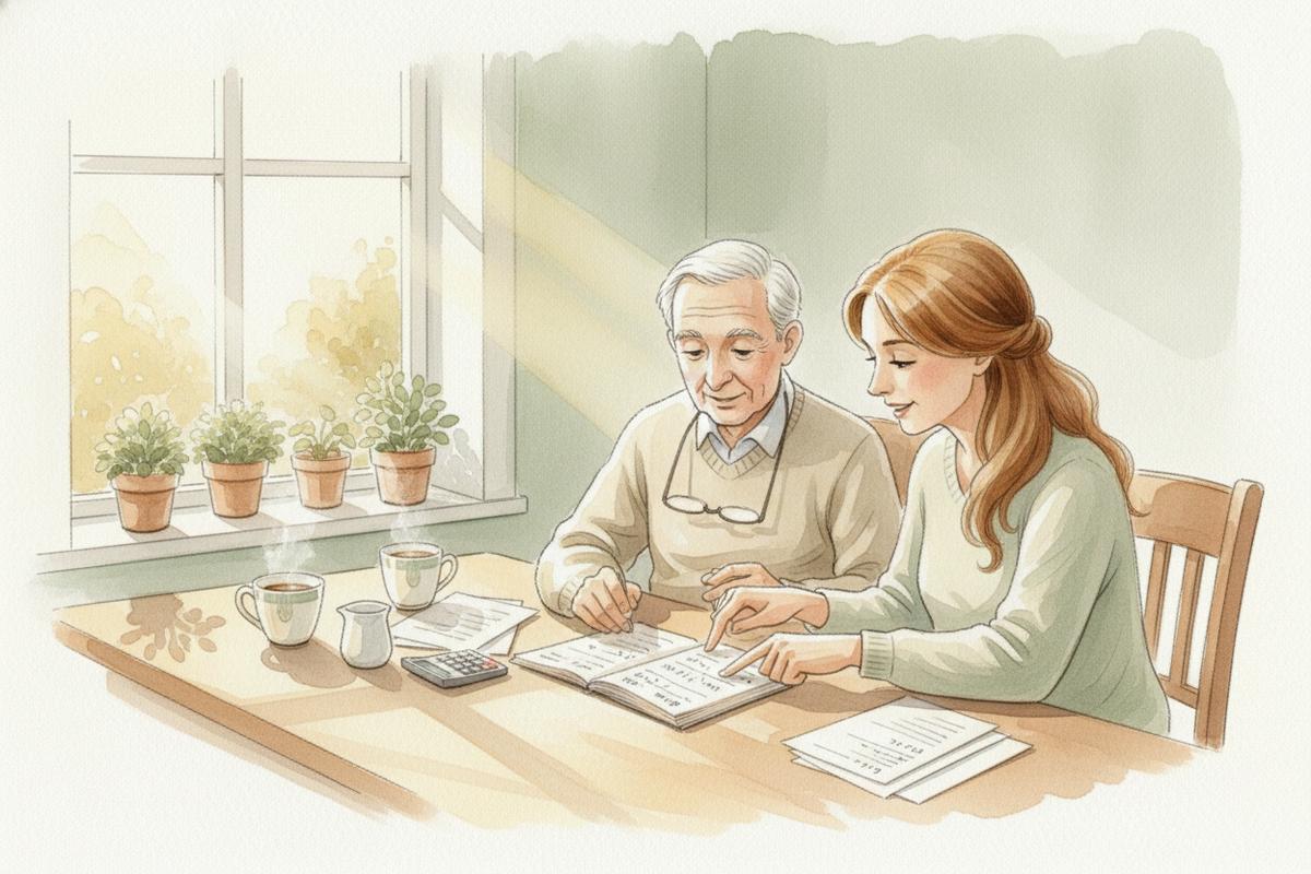 Watercolor illustration of an older man and younger woman reviewing financial documents together at a kitchen table with coffee