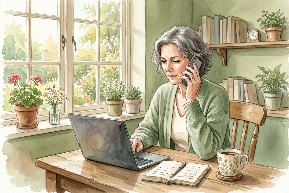 Watercolor illustration of a woman at a laptop with a phone to her ear, a notepad and coffee beside her, searching for senior care from home