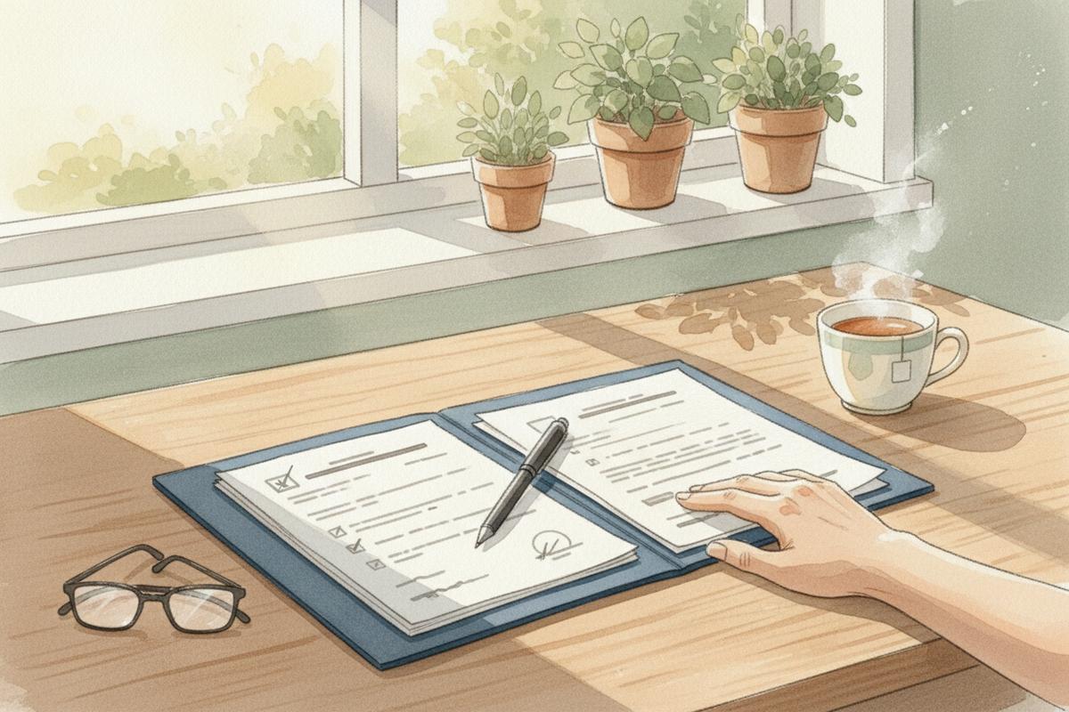 Watercolor illustration of a hand reviewing a checklist on a clipboard beside reading glasses and a cup of tea