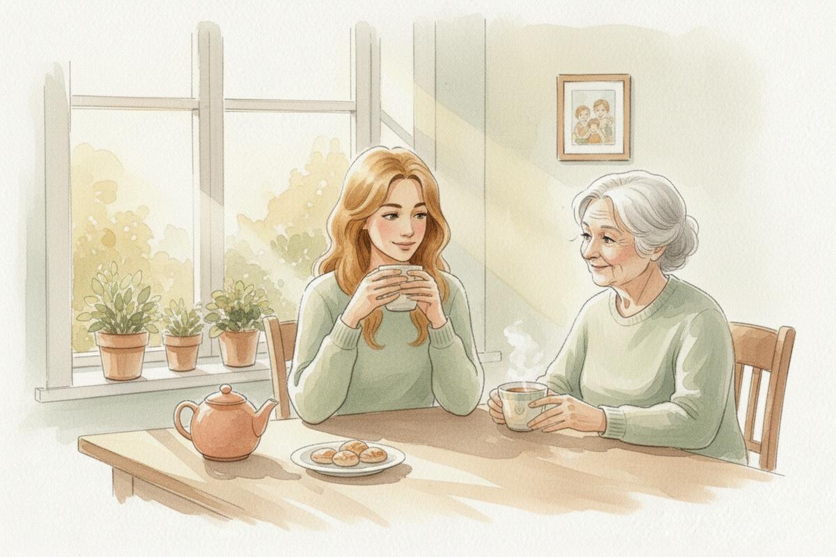 Watercolor illustration of a younger woman and an older woman sharing tea and cookies at a sunny kitchen table