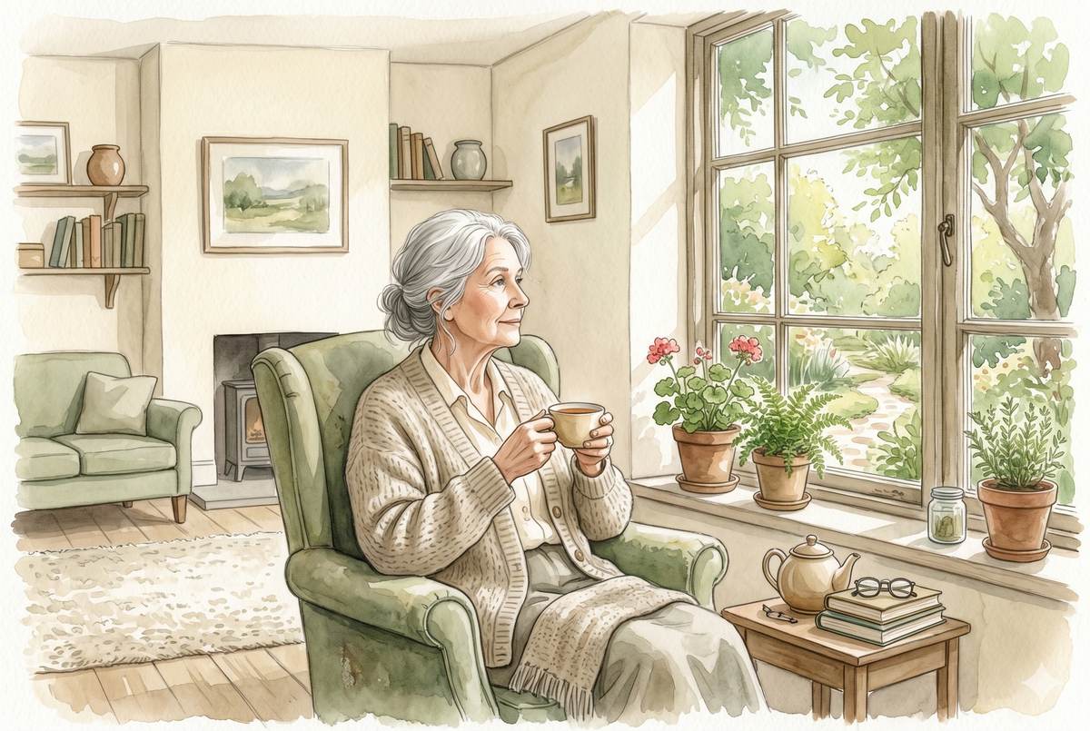Watercolor illustration split feeling of an older woman alone at home by a window on one side and the same woman sharing tea with others in a cozy room on the other