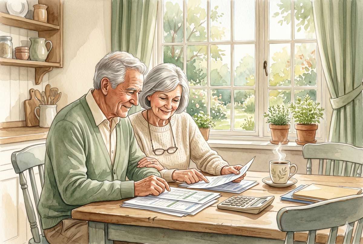 Watercolor illustration of an older couple at a kitchen table reviewing paperwork together with a calculator and a cup of coffee, warm morning light