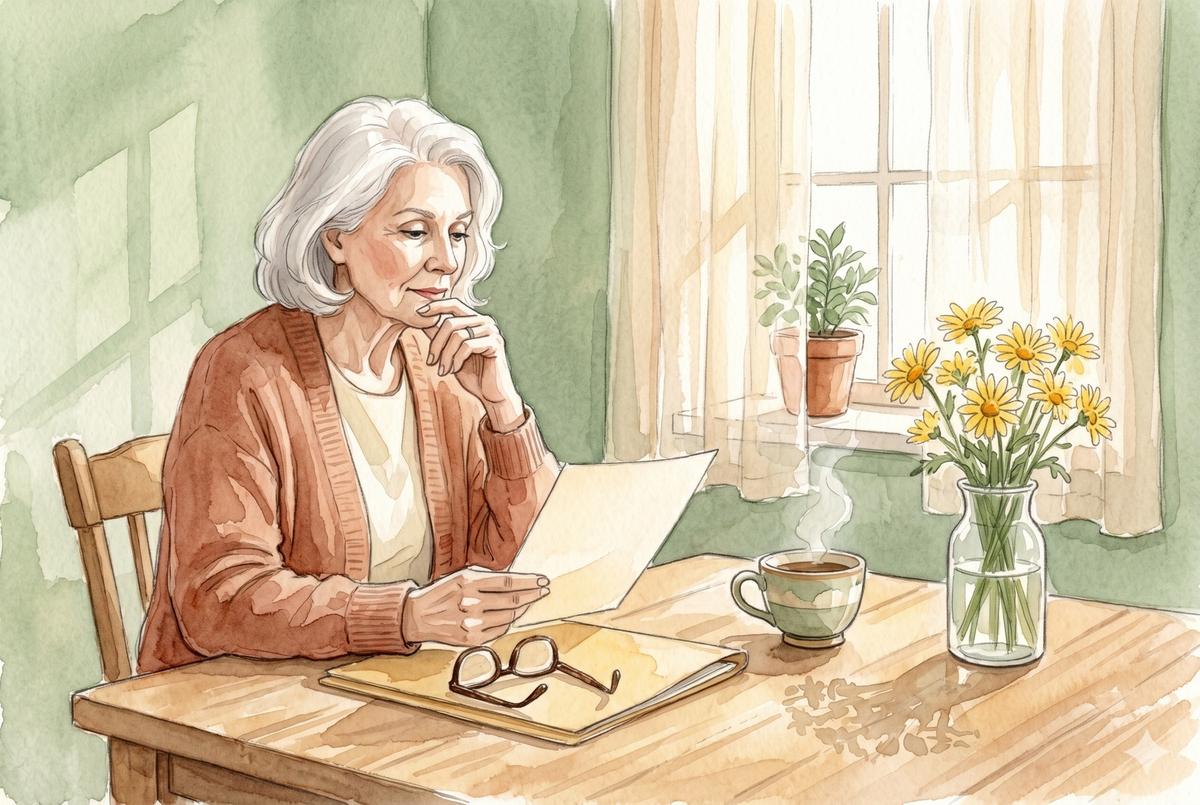Watercolor illustration of an older woman seated at a kitchen table with a folder of paperwork and a cup of tea, late morning light through the window