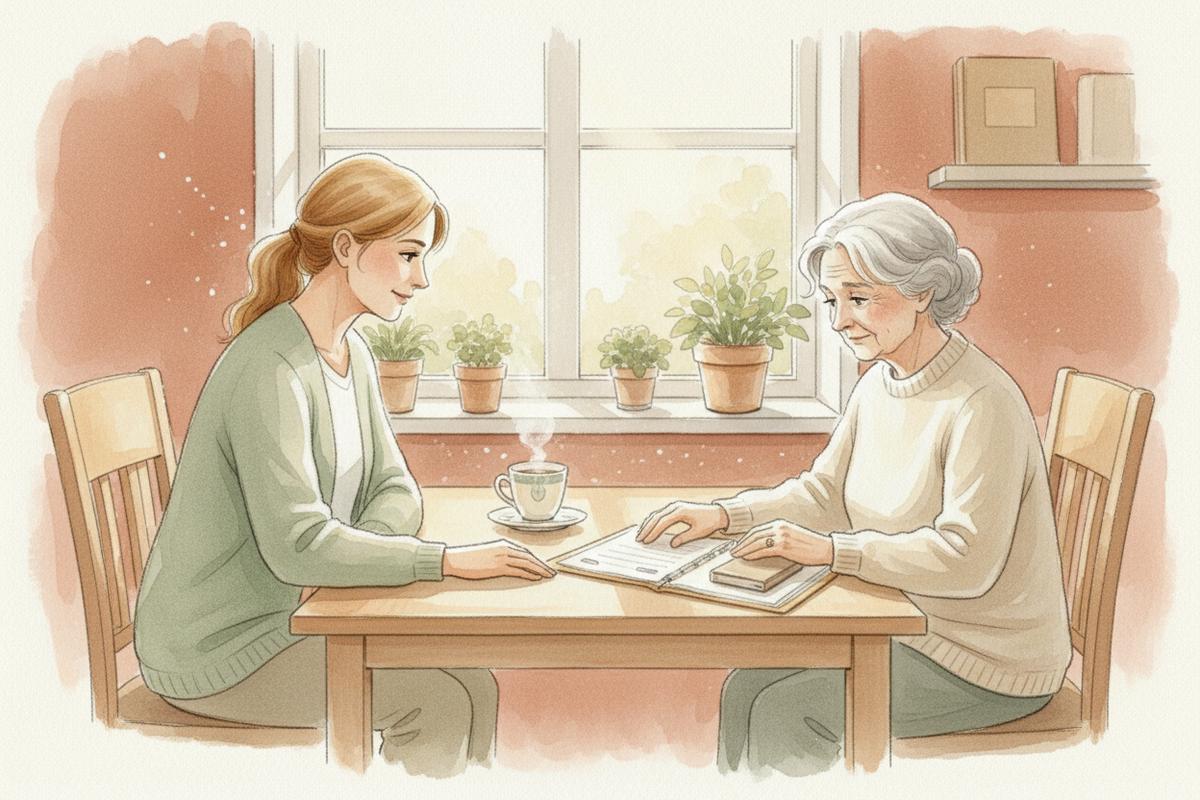 Watercolor illustration of a younger woman and older woman sitting across a table reviewing documents together over tea