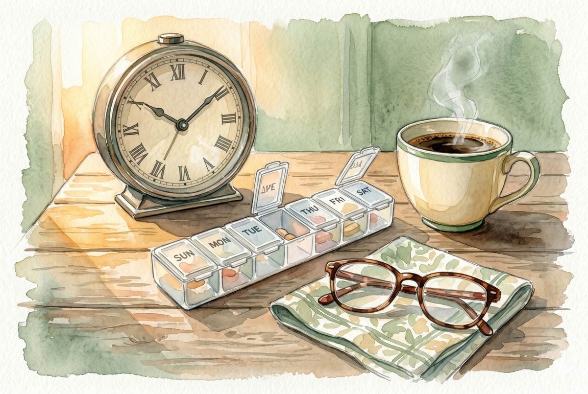 Watercolor illustration of a clock and a pill organizer beside a cup of morning coffee on a wooden kitchen table