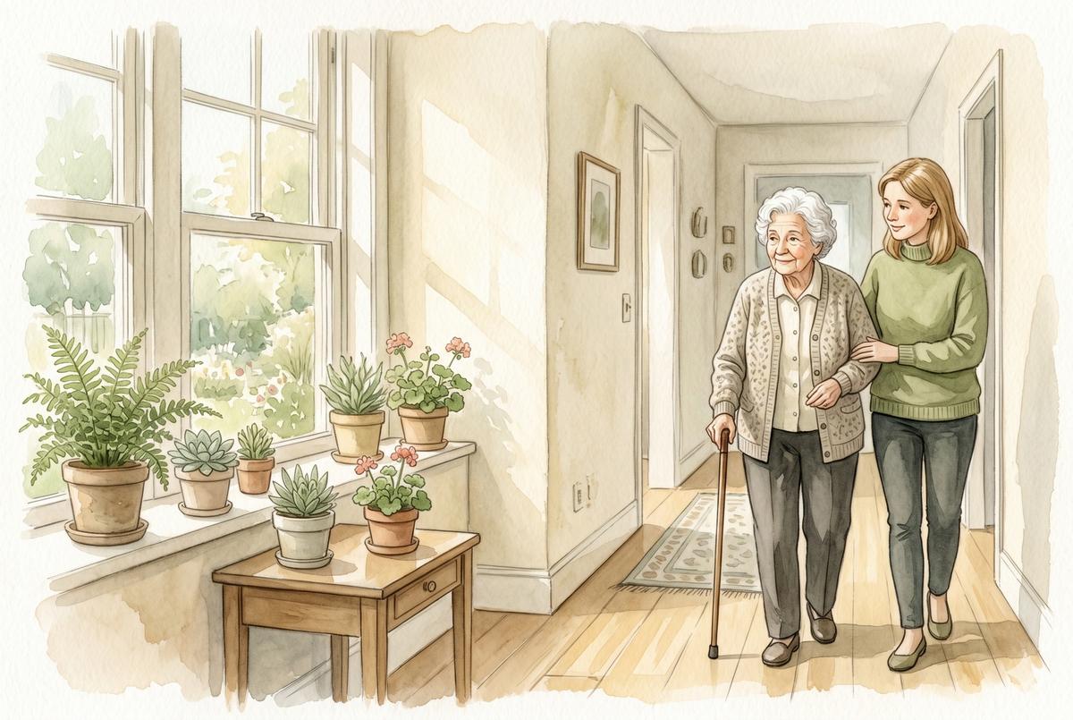 Watercolor illustration of a caregiver helping an older woman walk with a cane in a sunlit hallway, a steadying hand at her elbow, plants by the window