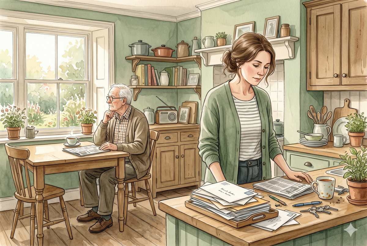 Watercolor illustration of an adult daughter quietly noticing unopened mail and clutter on a kitchen counter while her elderly father sits nearby, soft window light