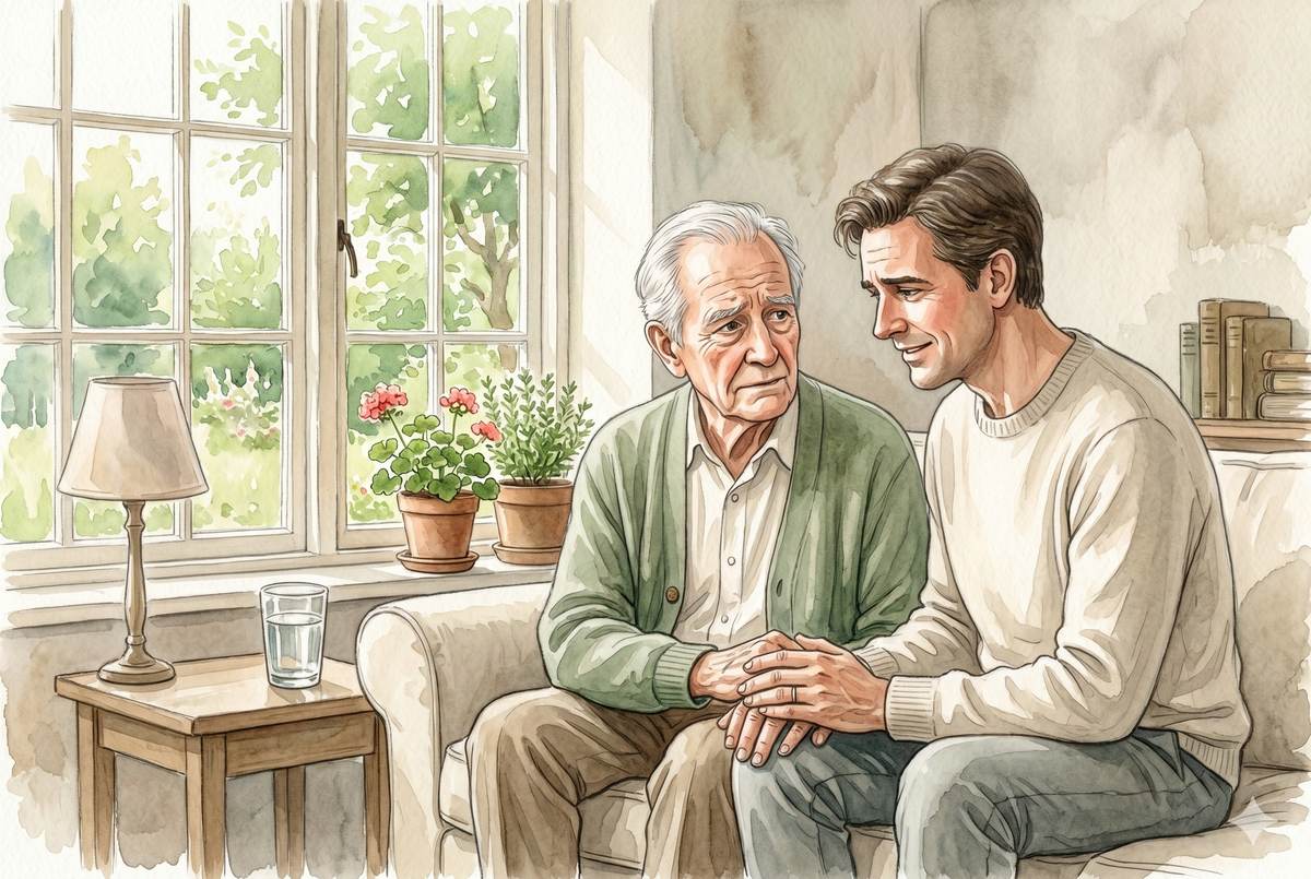 Watercolor illustration of a worried adult son sitting beside his elderly father on a sofa, a glass of water on the side table, soft afternoon light