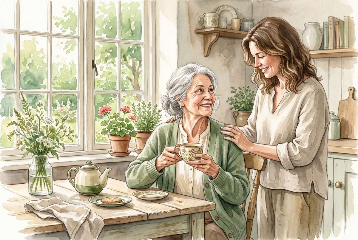 Watercolor illustration of three generations of a family at a kitchen table, an older woman holding a teacup while a daughter rests a hand on her shoulder