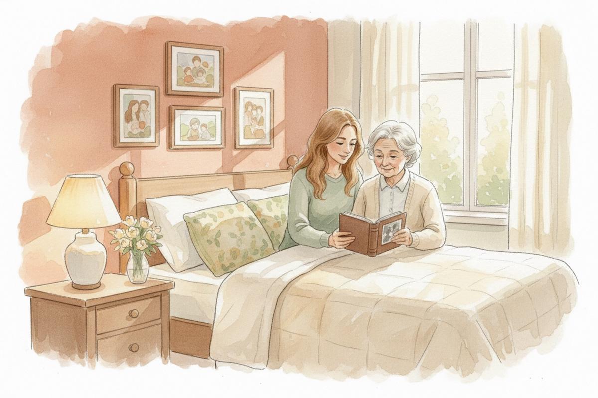 Watercolor illustration of a younger woman and senior woman sitting together on a bed looking through a photo album in a cozy bedroom