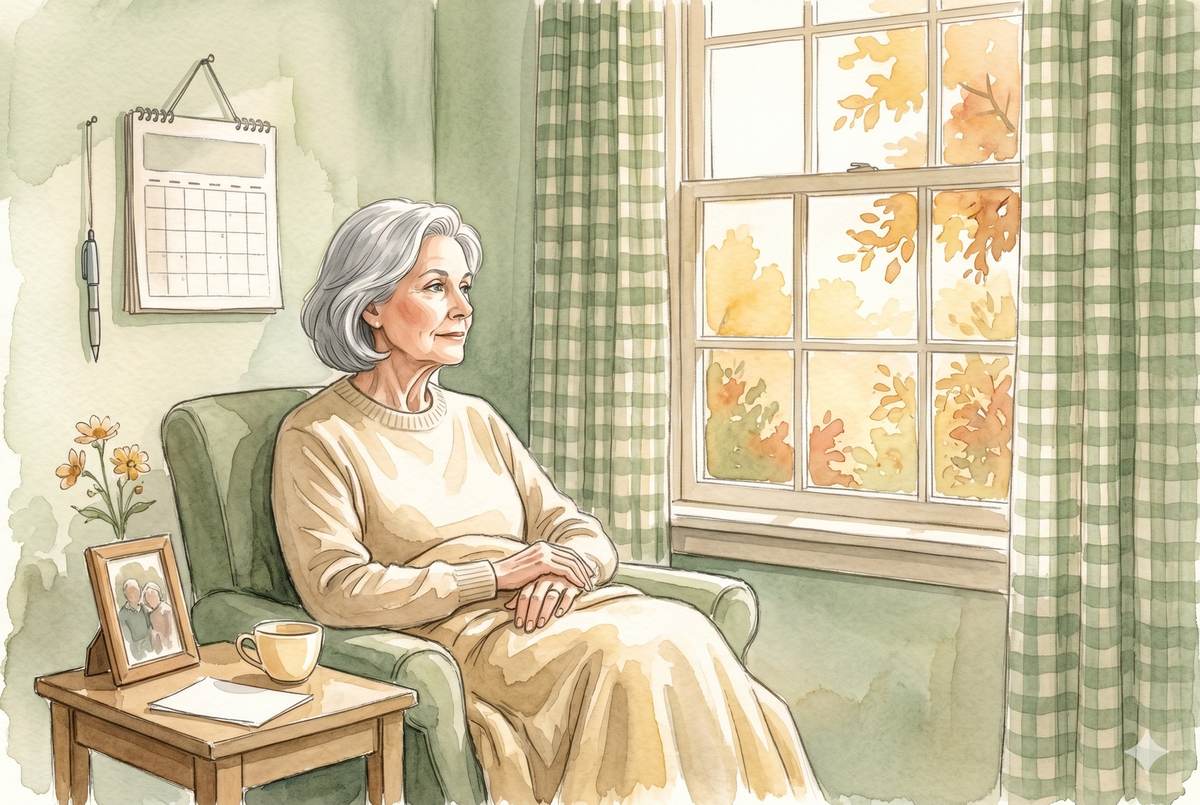 Watercolor illustration of an older woman sitting by a window with a soft blanket on her lap, afternoon light, a calendar on the wall