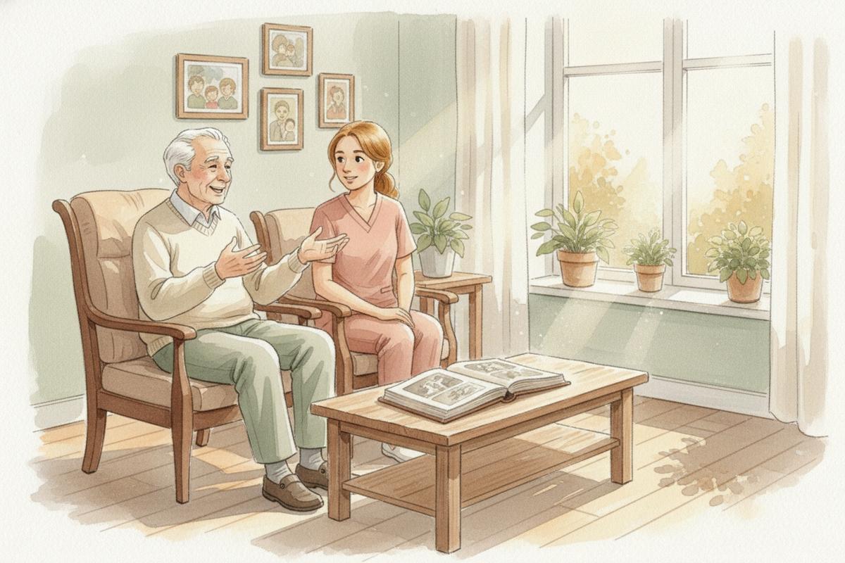 Watercolor illustration of a senior man talking with a caregiver in a sunlit living room with family photos on the wall and a photo album on the table