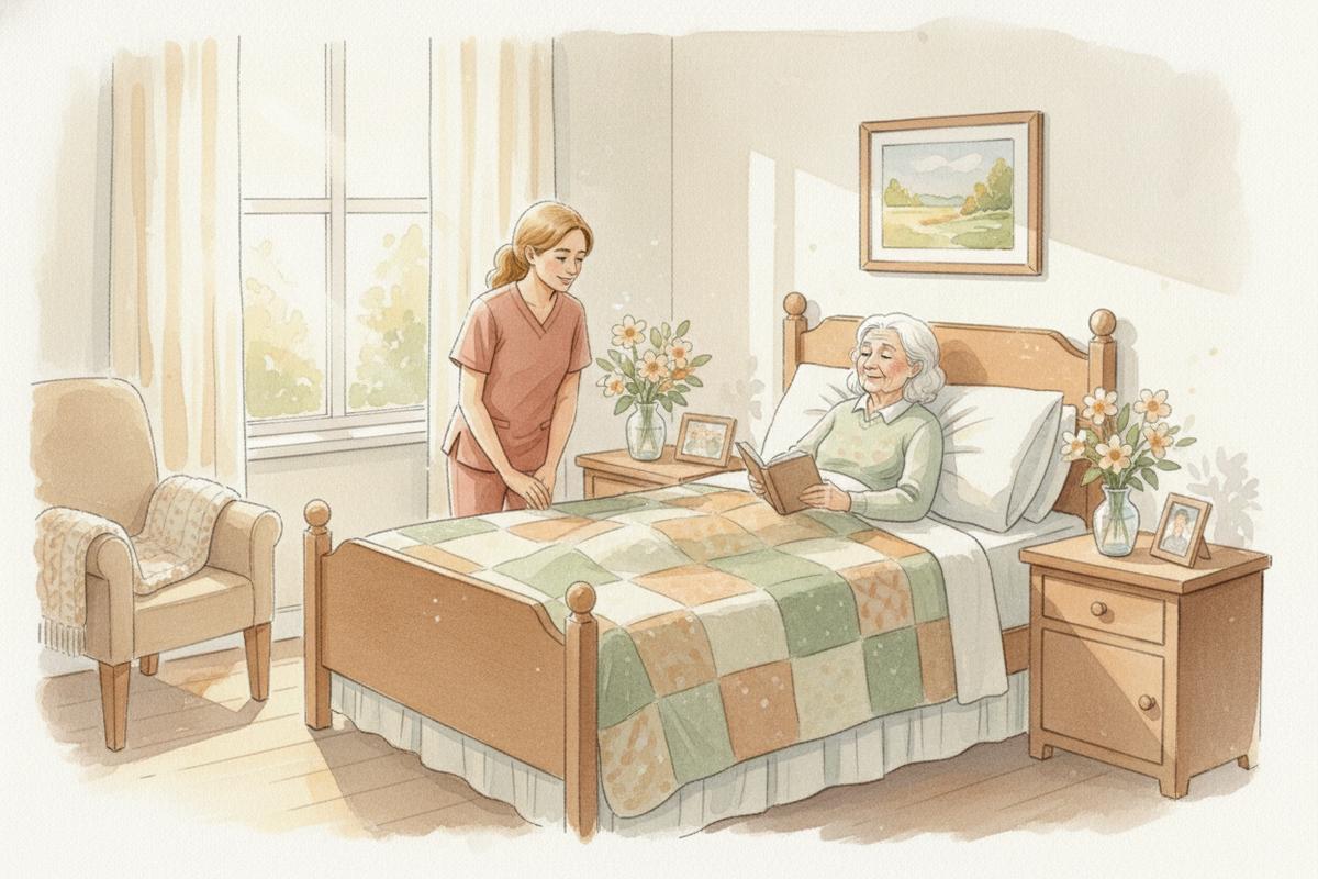 Watercolor illustration of a caregiver standing beside a senior woman resting in bed in a comfortable room with flowers and a patchwork quilt