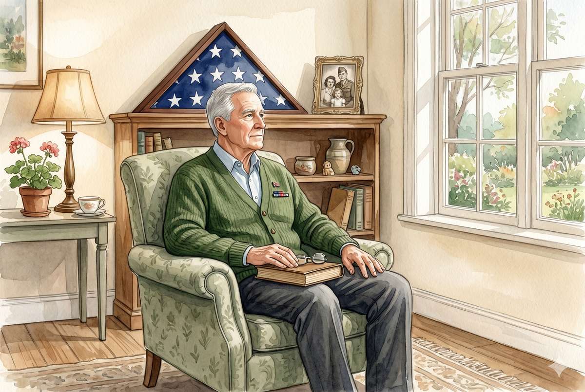 Watercolor illustration of an older veteran in a cardigan sitting in an armchair beside a folded American flag on a shelf, a family photo nearby, warm light
