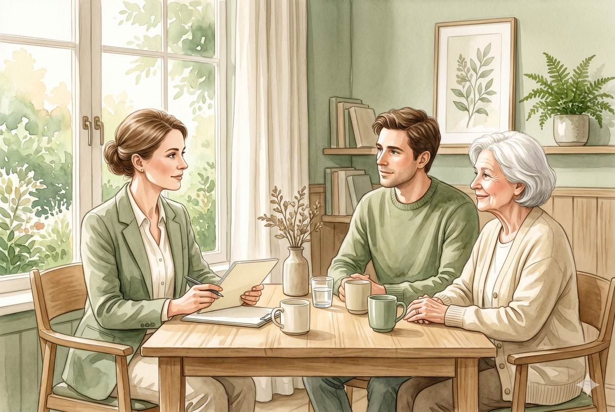 Watercolor illustration of a professional woman with a notepad sitting at a table with an adult son and his elderly mother, guiding a calm planning conversation in warm light