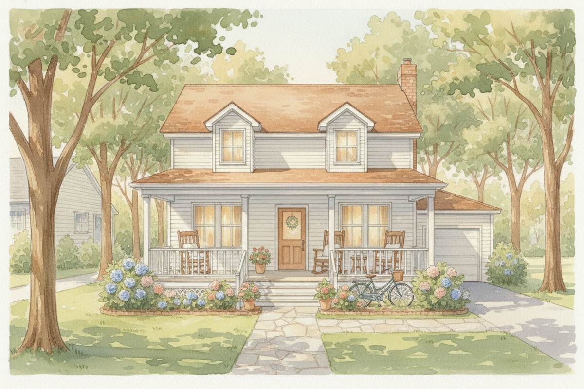 Watercolor illustration of a charming two-story home with a wrap-around porch, hydrangea flower beds, and a bicycle by the front steps