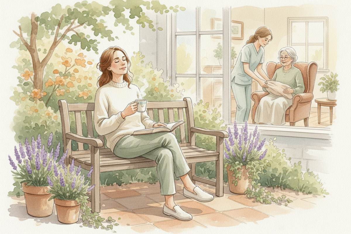 Watercolor illustration of a woman relaxing on a garden bench with coffee while through a window a caregiver tends to a senior in an armchair