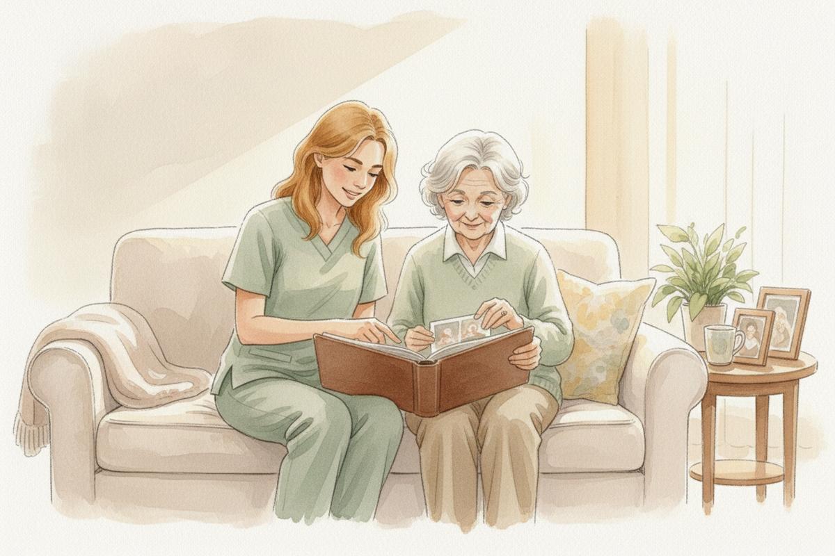 Watercolor illustration of a caregiver and senior woman looking through a photo album together on a couch