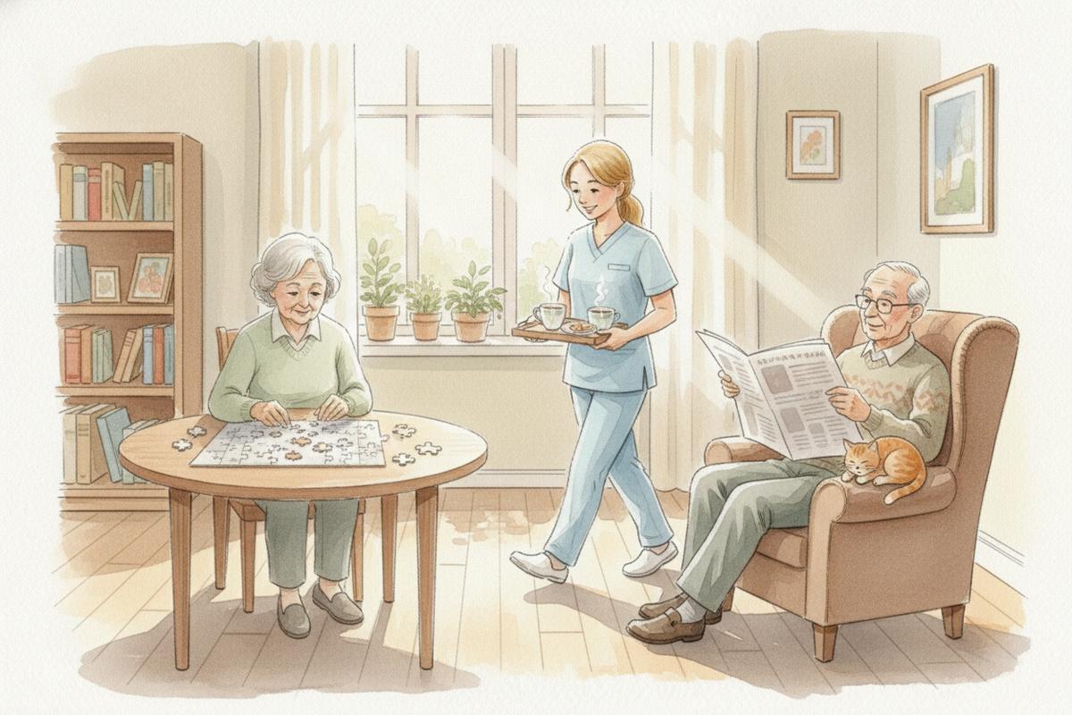 Watercolor illustration of daily life in a senior living home with a woman doing a puzzle, a caregiver serving tea, and a man reading the newspaper with a cat on his lap