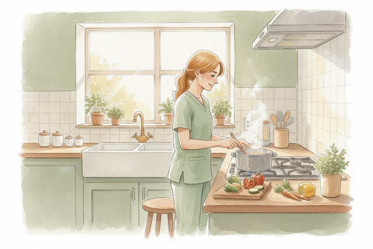 Watercolor illustration of a caregiver cooking a fresh meal with vegetables in a home kitchen