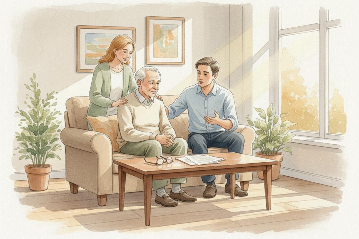 Watercolor illustration of a family sitting together on a couch, a younger man and woman talking with an older gentleman