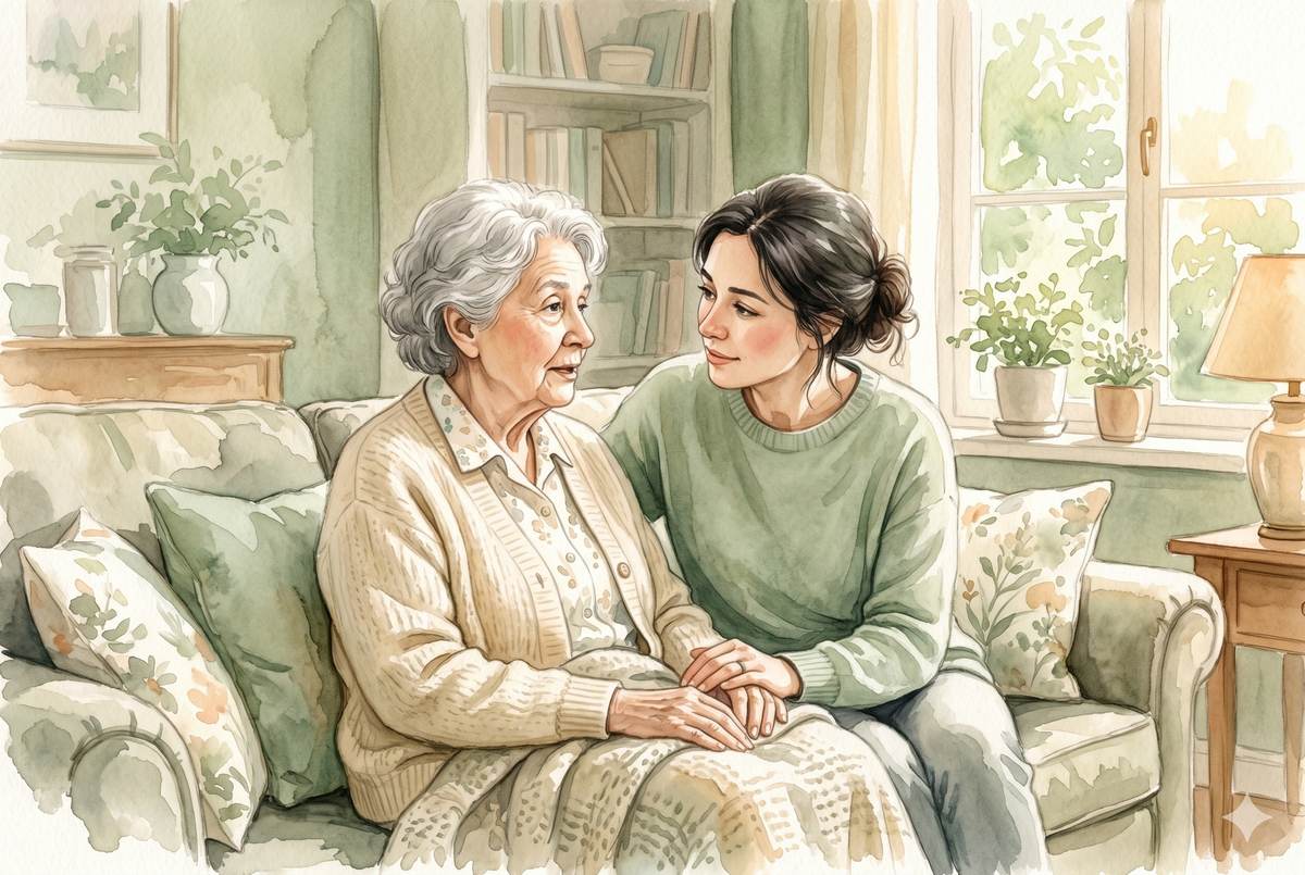 Watercolor illustration of an adult daughter sitting patiently beside her elderly mother on a sofa, leaning in gently to listen, soft afternoon light through a window