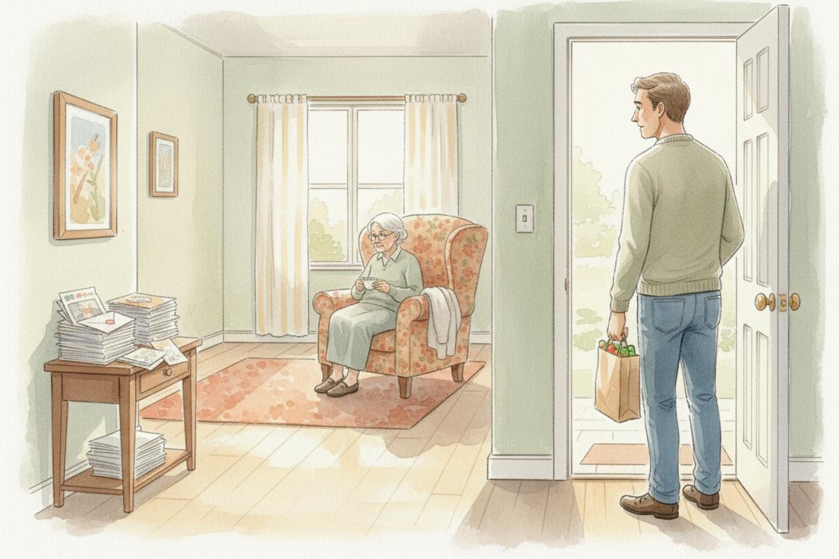 Watercolor illustration of a son arriving at the front door with groceries while his elderly mother sits alone in an armchair holding a teacup